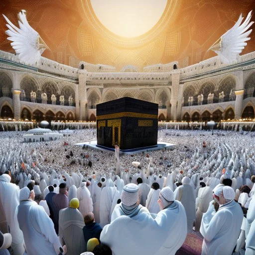 The scene in Mecca: People wearing white Ihram clothes, men without head coverings, women with veils, circumambulating around the Kaaba, and above them are transparent white spirits of children, men, and women with wings revolving around the Kaaba.