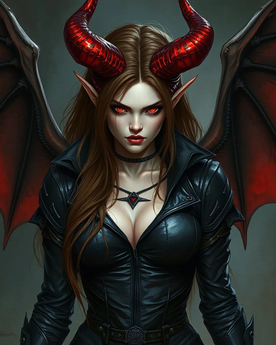 A female demon, pale skin, long brown hair, red eyes, long flaming horns, black leather outfit, black and red bat-like wings, arrogant, vicious, an air of malevolent power surrounds her, greg rutkowski, intricate details, dark fantasy setting, hyperrealistic