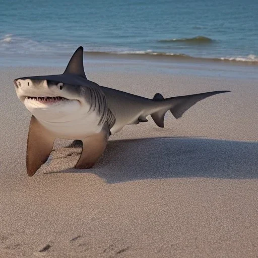 a hammer-head shark with dog legs walking on a beach on land