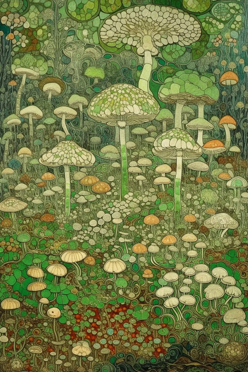 An olive green land with crazy mushrooms designed in ancient Greek mosaics painted by Claude Monet