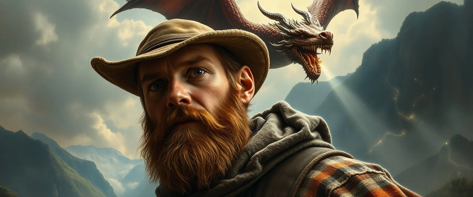 master oil painting by Rembrandt, close up portrait of farmer in valdres below raging dragon, light beams through volume fog sky in mountain pass, dragon cast spells of lightening