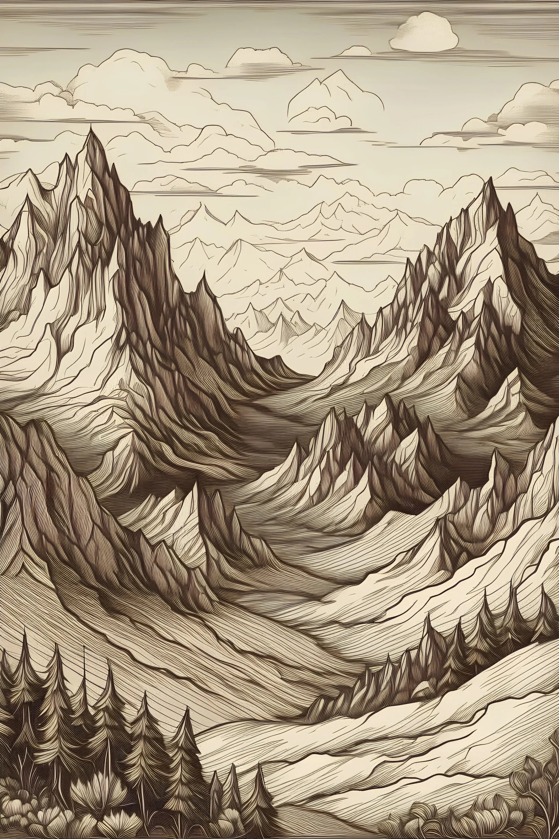 renaissance style drawing mountains