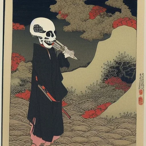 Knive in Skull in water smoking by Hokusai