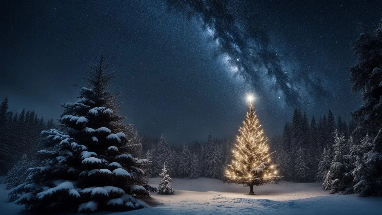 darkness,photoreal A majestic Christmas tree, adorned with twinkling lights, stands out in the scene. spreading Christmas joy in an glowing snow covered enchanted forest with mushrooms and elflings at night by lee jeffries, otherworldly creature, in the style of fantasy movies, photorealistic, shot on Hasselblad h6d-400c, zeiss prime lens, bokeh like f/0.8, tilt-shift lens 8k, high detail, smooth render, unreal engine 5, cinema 4d, HDR, dust effect, vivid colors,night