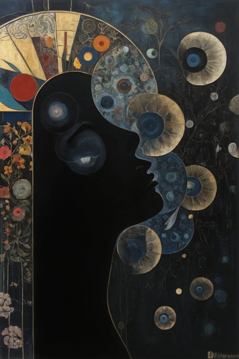black mirror of the soul; a surreal and whimsical admixture of Klimt and Kandinsky
