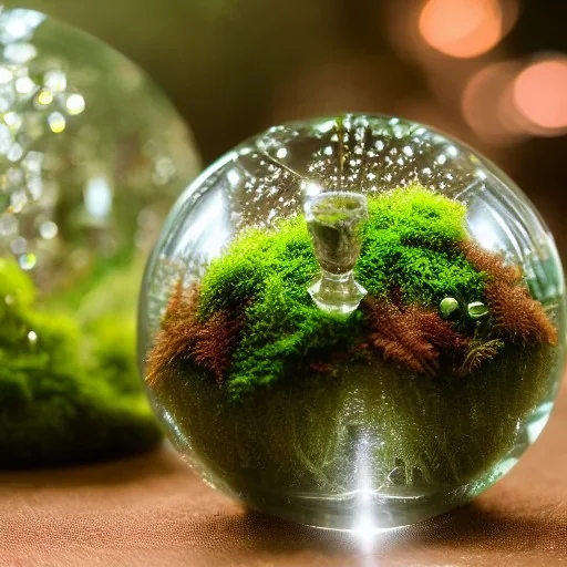 cinematic shot of flowers and ferns inside a crystal mesh ball, dewdrops, moss, crystal, luxurious, bell jar