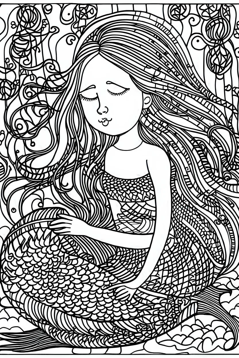 This captivating and delightful black line drawing is perfect for young artists. It features a charming and enchanting mermaid, waiting to be brought to life with colors by a 6-year-old child. The thick and bold outlines make it easy for little hands to color within the lines, fostering creativity and imagination. The mermaid is the centerpiece of the image, with her flowing hair, graceful tail, and a joyful expression on her face. The full undersea background adds depth and excitement to the s