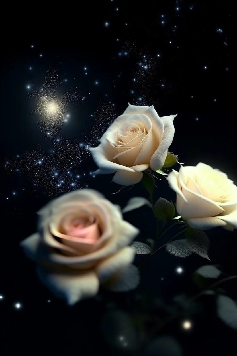 delicate creamy roses, night, bright stars, shine magic