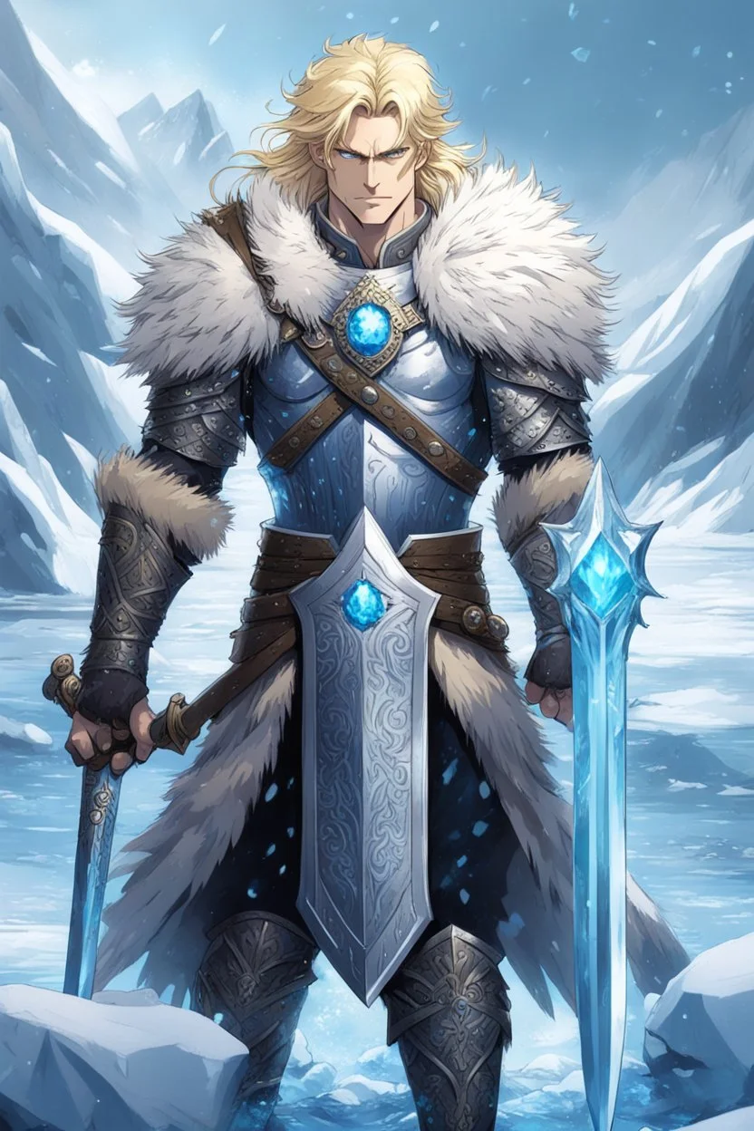 1 anime man. warrior, with blue eyes and blonde hair man in silver Viking armor with fur around the neck with blue crystal on his chest, standing in water in the artic, holding a ice sword and shield, warrior in, anime style