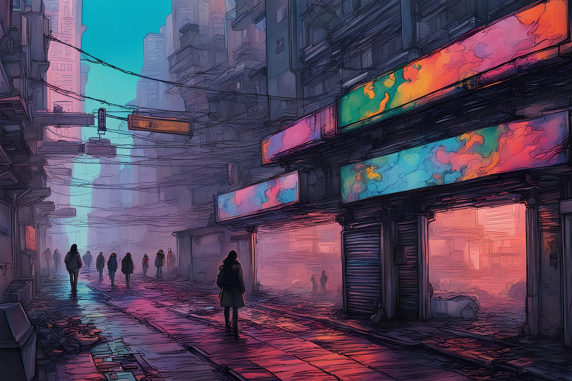 painting of a cyberpunk colourful walkway in the city with pollution by michaelangelo