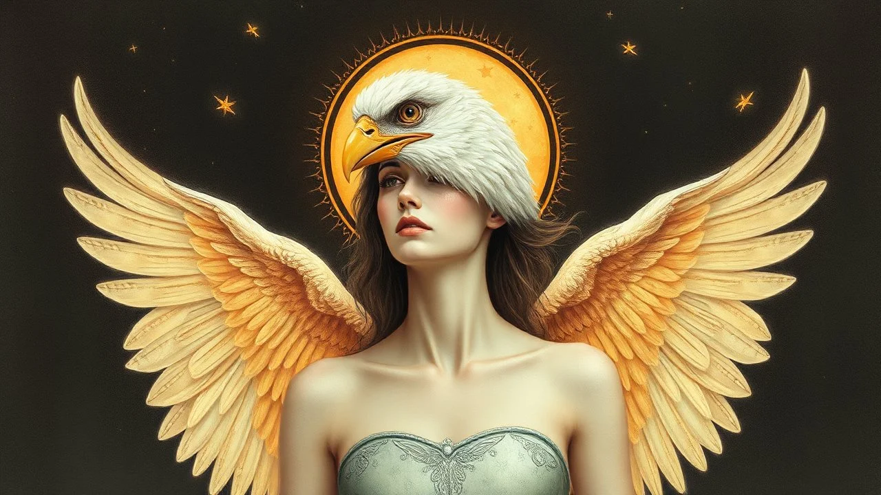 celestial woman with bird head angel wings