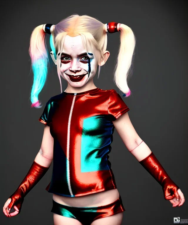 Harley quinn toddler, full body, soft skin, dramatic lighting, hyper realistic