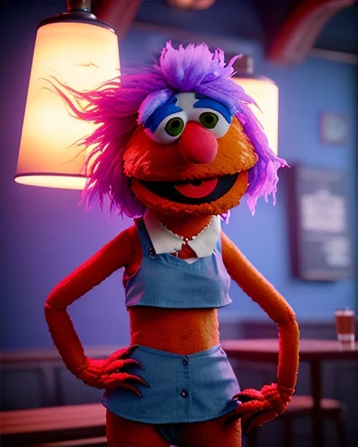 Pub, hybrid character, waitress woman with monster muppet mask that covers her entire head, retro style, Sesame Street style, smooth, unreal engine 5, god lights, ray tracing, RTX, lumen lighting, ultra detail, volumetric lighting, 3d.