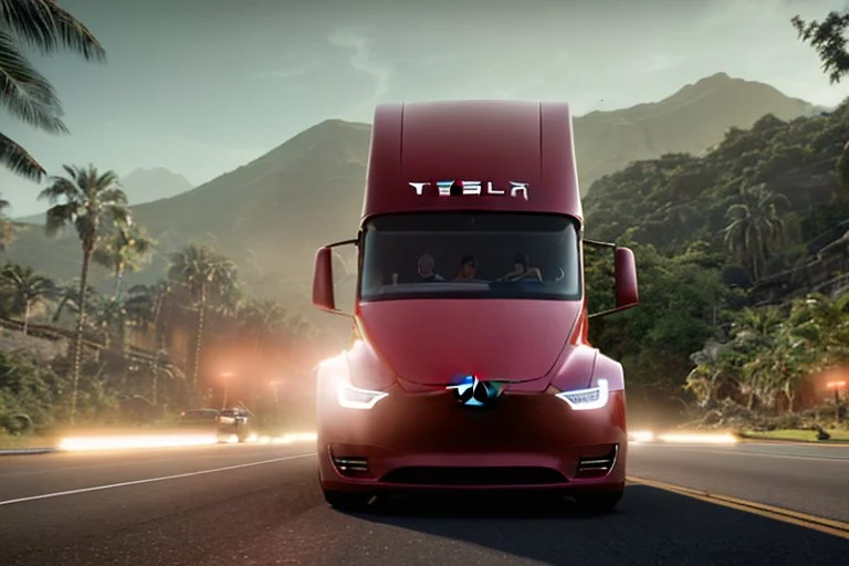 A Tesla 'Semi' (semi truck) is going at a high speed, on the 'Jurassic Park' island. (CINEMATIC, WIDE ANGLE LENS, PHOTO REAL)