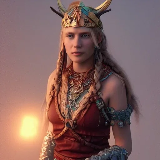 highly detailed beautiful girl viking queen portrait, red glass armor, blue delicate braided hair, green facial paint, gold necklace, cinematic lighting, 4k, 8k, octane render, digital concept art, trending on artstation, pinterest, extremely detailed, ambient lighting.