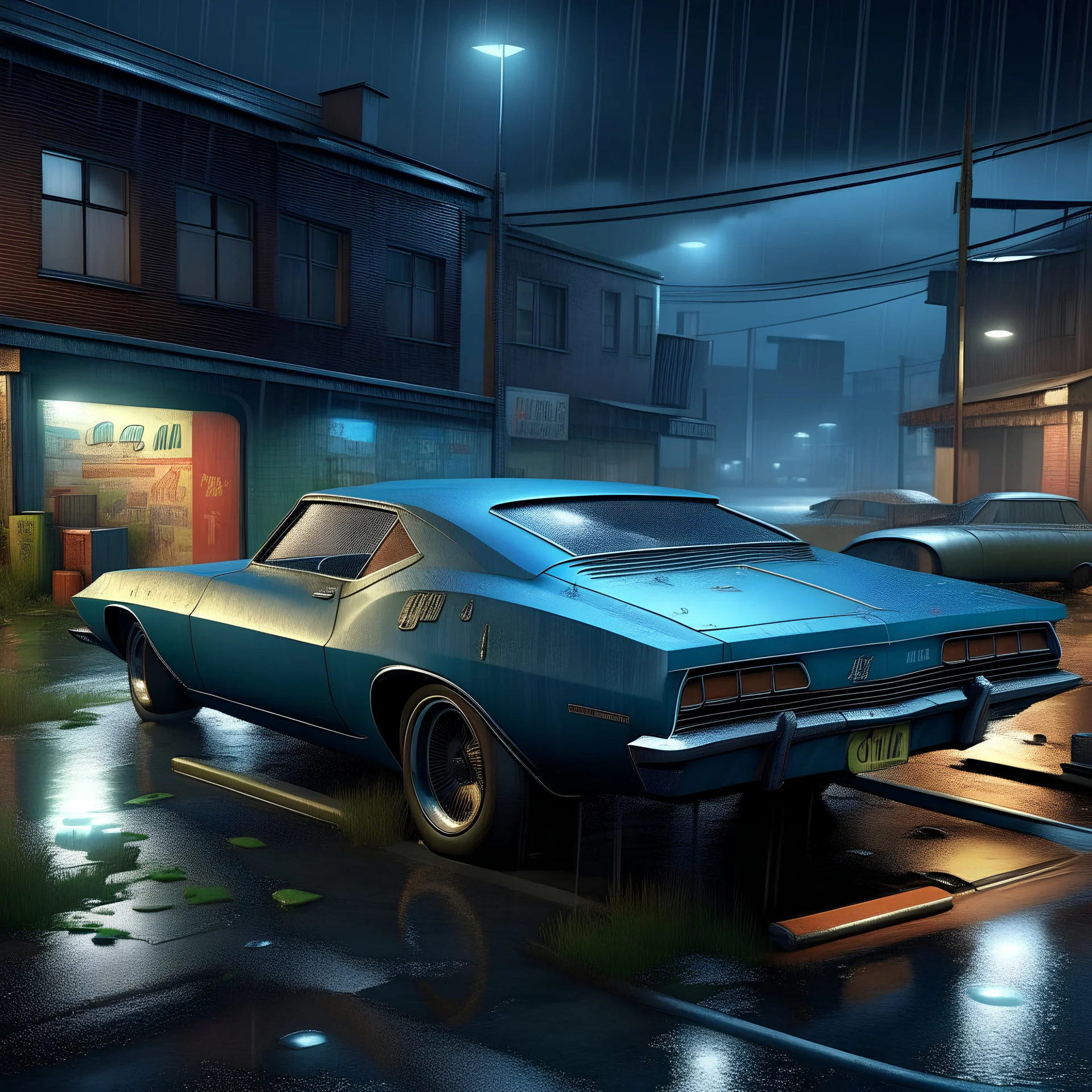 draw a photorealistic rainy detroit city scape in urban decay ruin porn at night in a cyberpunk dystopian fashion with a beat up old 67 barracuda from behind 3/4 view on the street