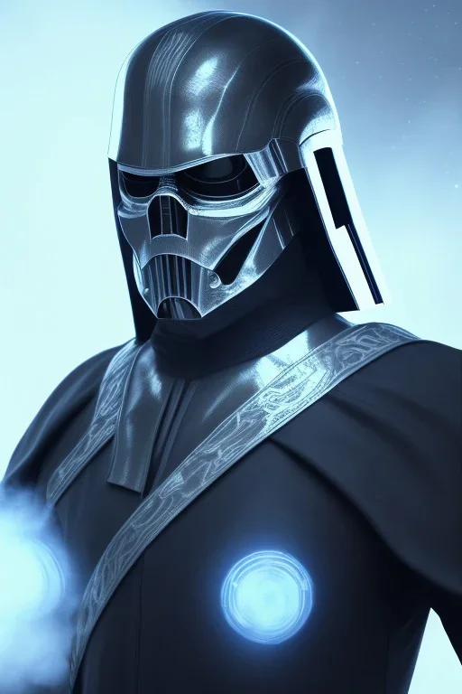 All Black Anakin Skywalker soldier, ghost, wearing high tech mask, white smoke, dark, rage, sorrow, high definition, ultra 8 k, volumetric lighting, blue fire, fog