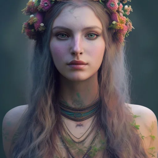 A beautiful female celtic druid with hair made out of flowers, digital art, HD, 8k, high definition, very high quality, detailed eyes, nature, druid, fantasy