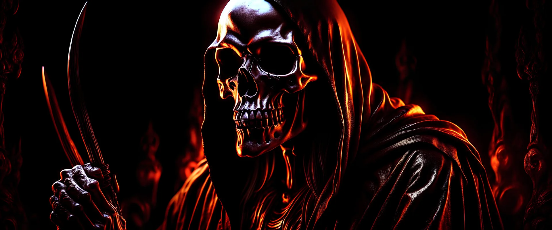 ultra high image quality, hell-tech infused Grim Reaper Close-up of an set against AMOLED-worthy pure black backdrop, fantasy art style infused with filter, tailored for vertical wallpaper, exclusive design with no duplicates, radiating beauty suitable for a PC screen image, vivid colors, ultra fine, digital painting.