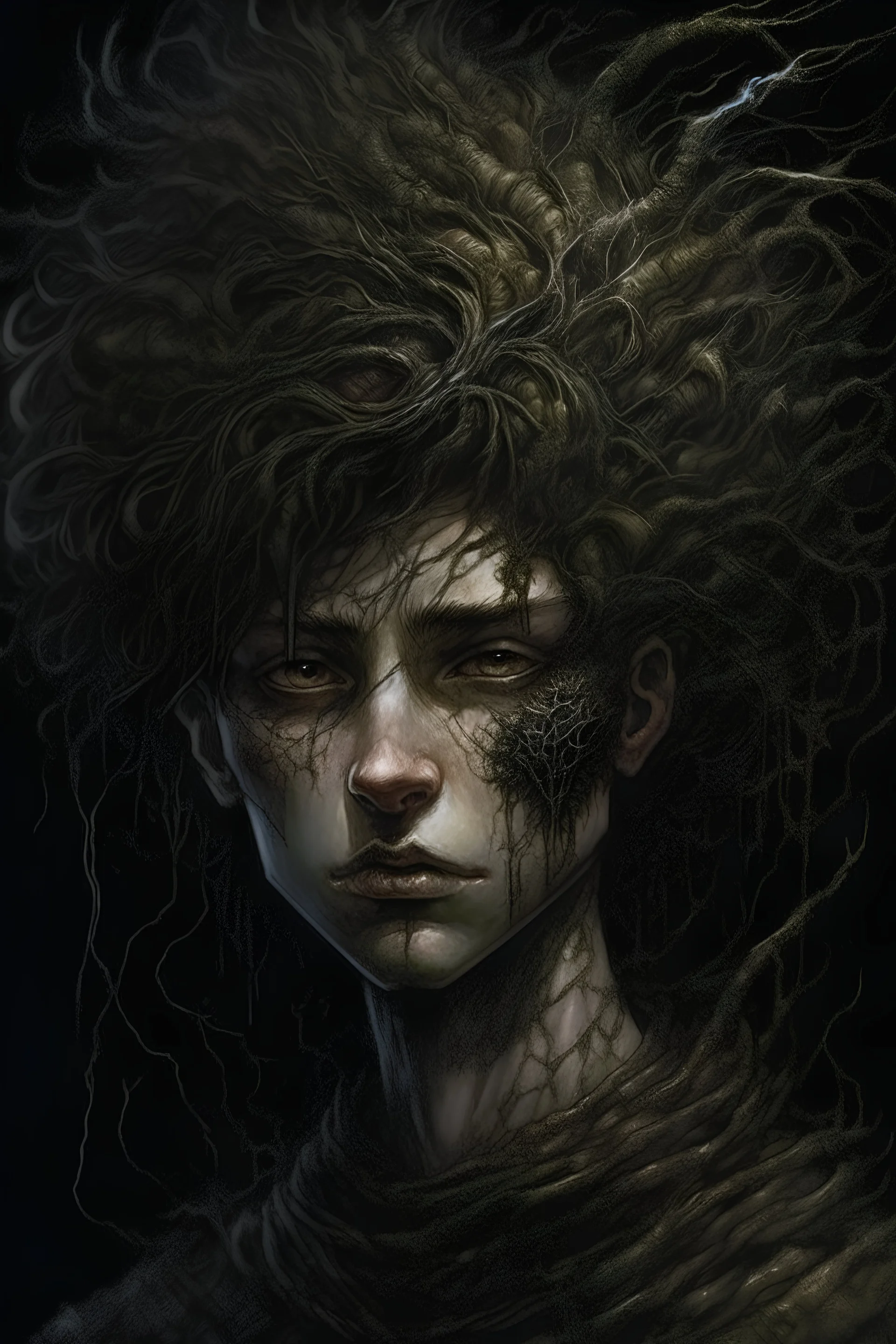 The Hidden Shadow Teen, with highly detailed hair and facial features, macabre gothic horror illustration, maximalist, sharp focus, highest resolution, in the styles of Denis Forkas and Masahiro Ito