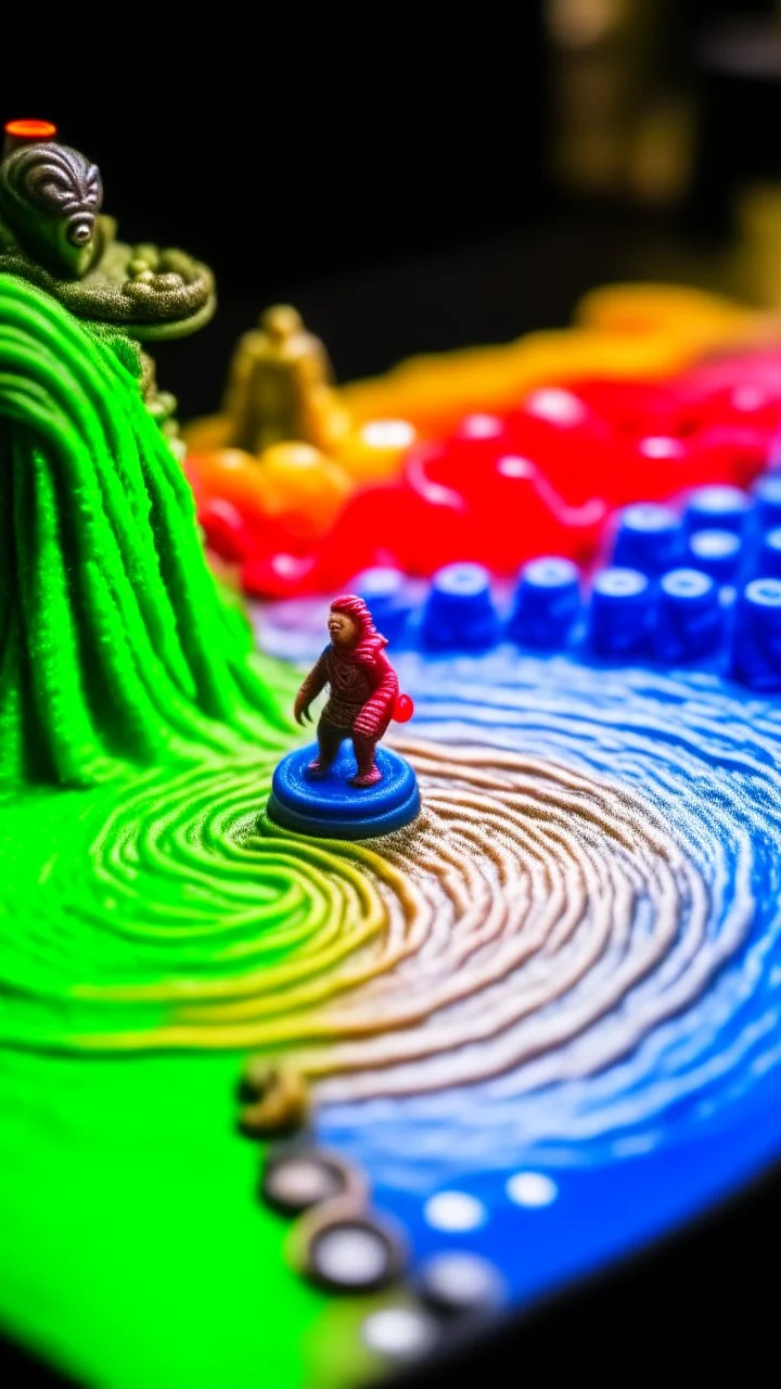 macro of a board game with a small spiral staircase that ends in a wild waterfall, fujifilm, behind a huge orc hand opens like a storm