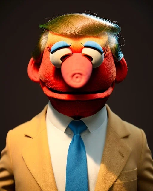 Waist up Portrait, Donald trump muppet, Sesame Street style, retro style, photo studio, unreal engine 5, god lights, ray tracing, RTX, lumen lighting, ultra detail, volumetric lighting, 3d.