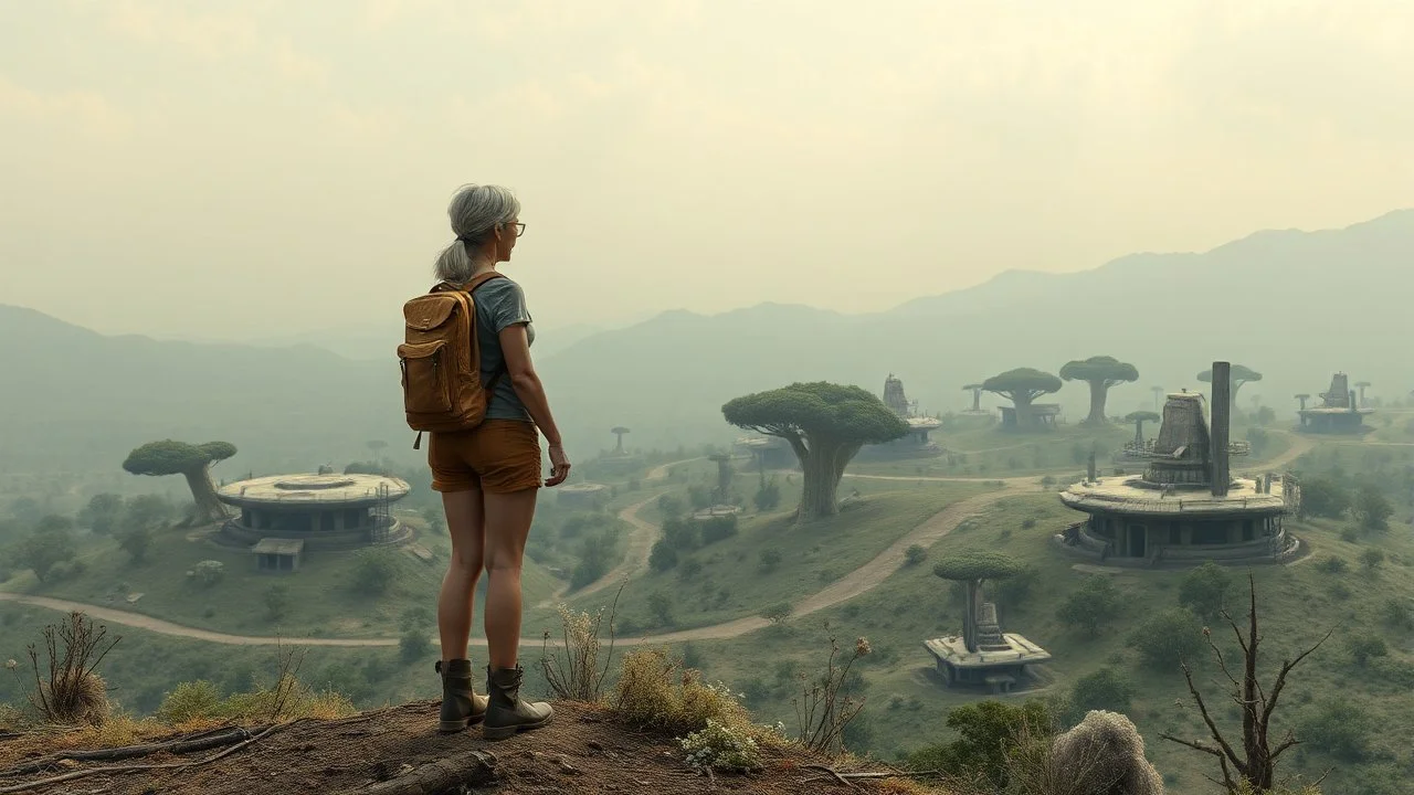 A photorealistic image of a slender 60-year-old woman, in brown shorts, a shirt and boots, with a backpack, standing on a hill looking down on a derelict futuristic village with low flat alien buildings with trees and fungi in clumps.