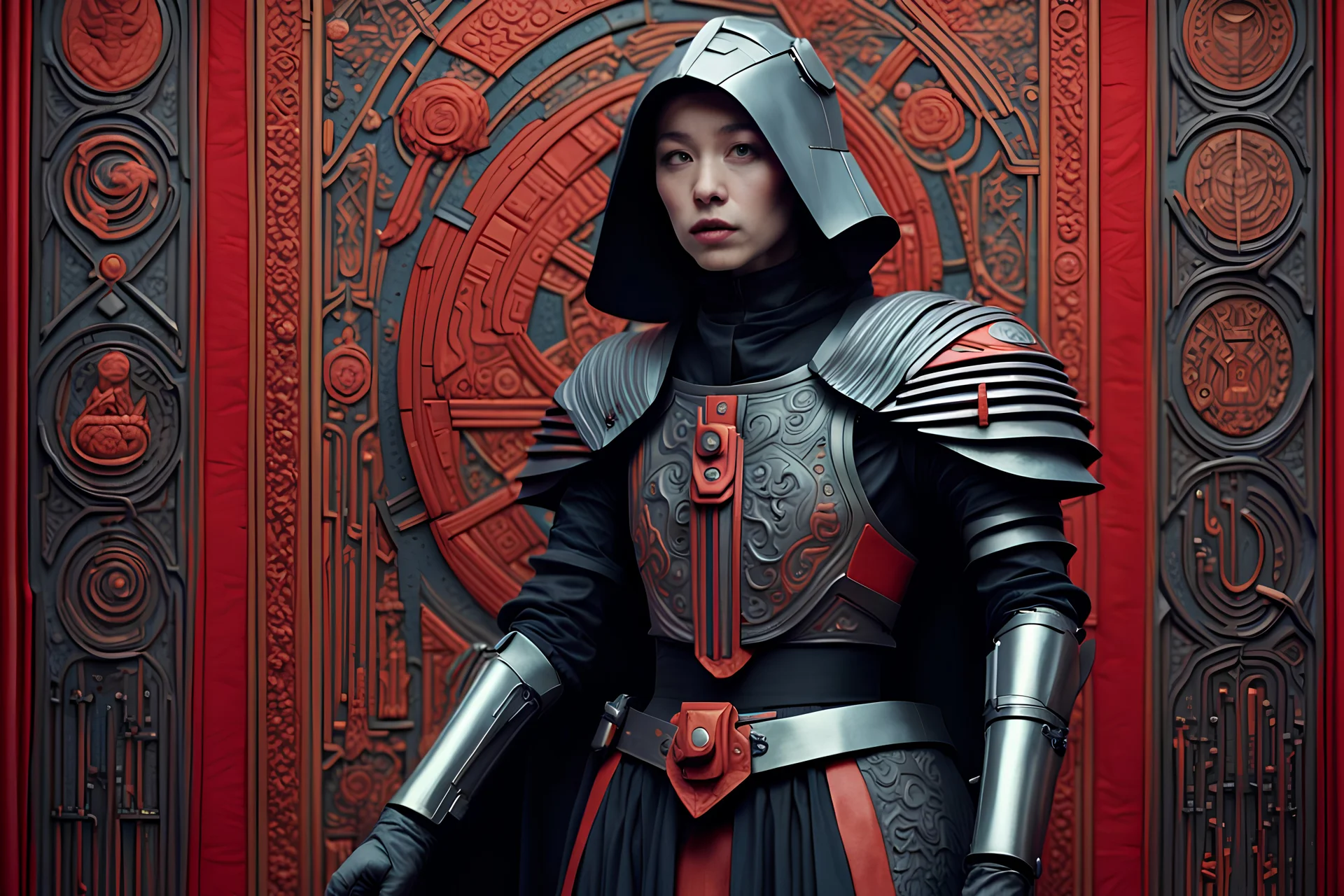 4K Xue Wang style, young futuristic StarWars knight Parcival, Avant-garde futuristic Medieval cyber fashion, talks to Cardinal's Council, Austrian Symbolism, arcane atmosphere, Louise Nevelson tufting tapestry Art, by Mario Bava movie