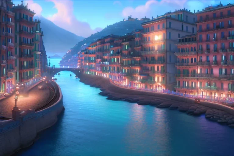 HanoiTrain+Close up Train head+ corner metro station+Elevated Train pass+trains+corner building on sea+riomaggiore+corniglia+genoa street+Italian medieval town+sea+alphonse mucha, greg rutkowski,matte painting, cryengine, hyper detailed, felix kelly, fantasy art, seb mckinnon