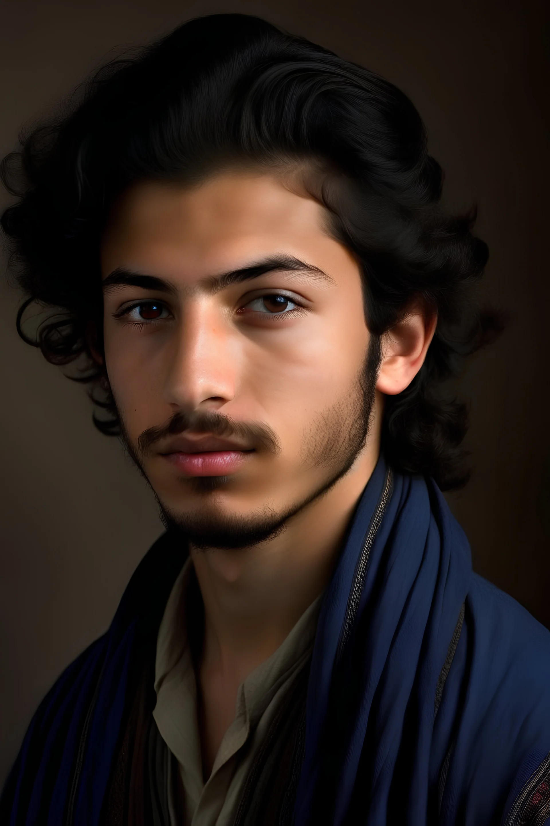 A young man at the age of twenty-five, his features are Arab, sharp and gentle, a little from the pre-Islamic era. His hair is silky black, not long, and his eyes are blue.