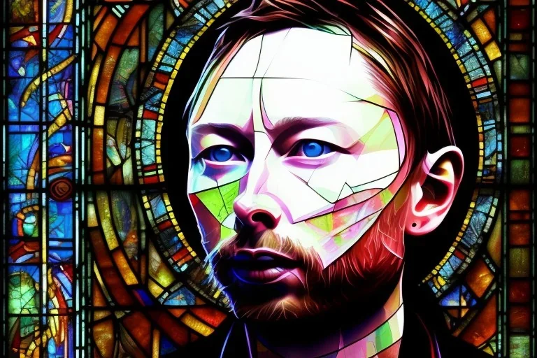 Thom Yorke's face stained glass window,panel, lead caming, medieval stained glass