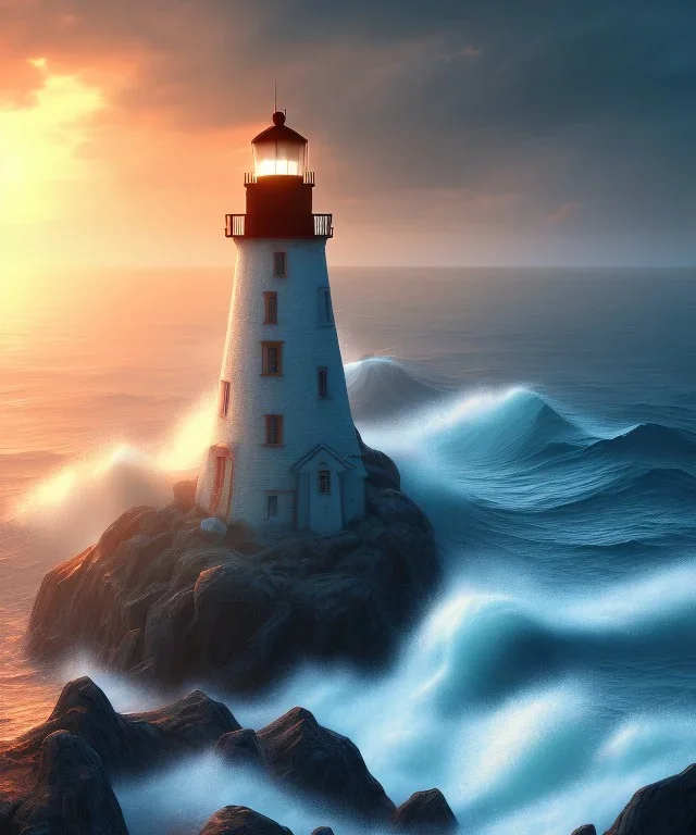 Fantasy, light house, surreal, waves crashing below, 8k, sunrise, sketch