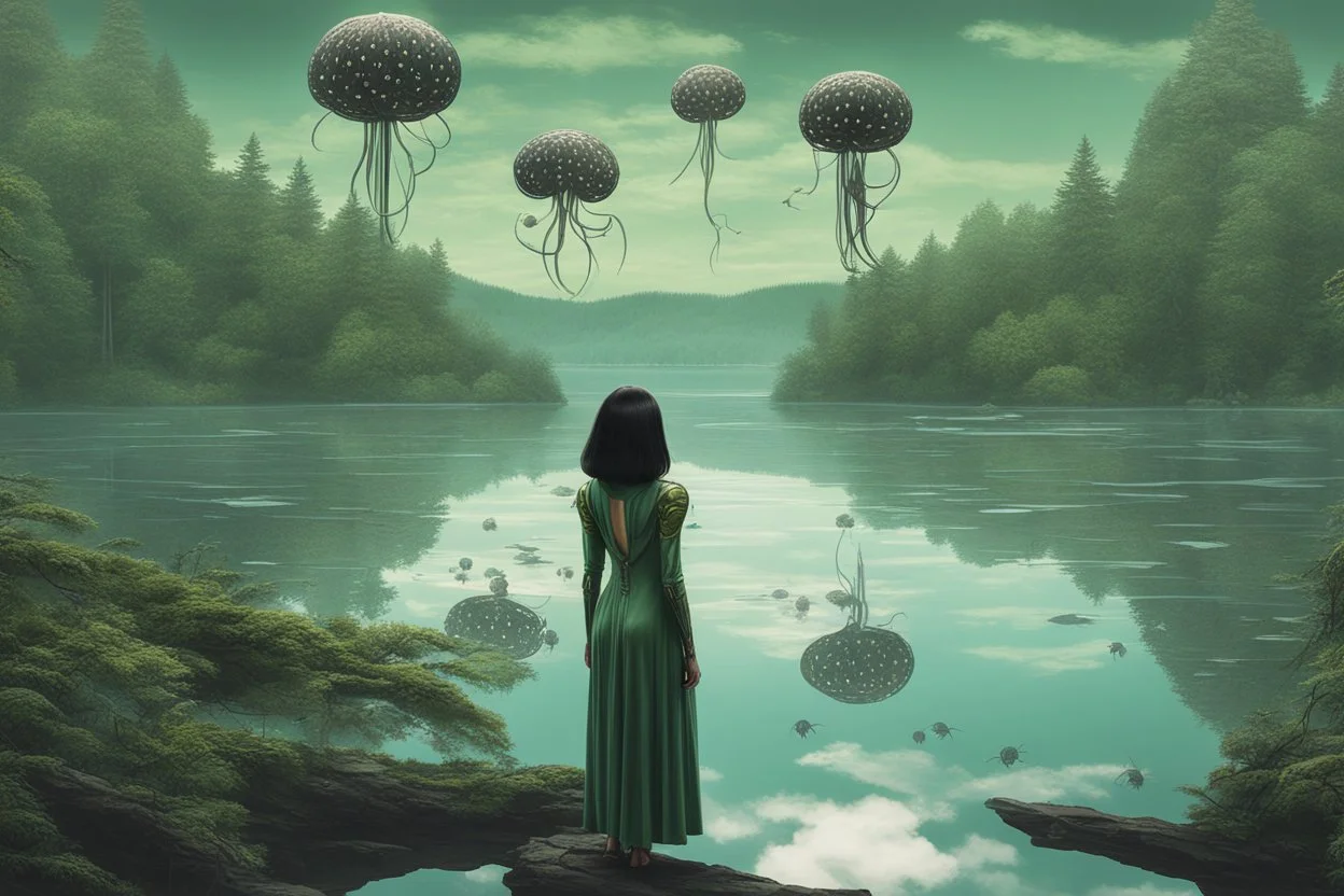 Photo of a skinny woman with a black bob hairstyle, in a green and silver android suit, looking at flying dandelion heads with octopus tentacles looking out over a lake, in an alien forest, with tall narrow cloud trees