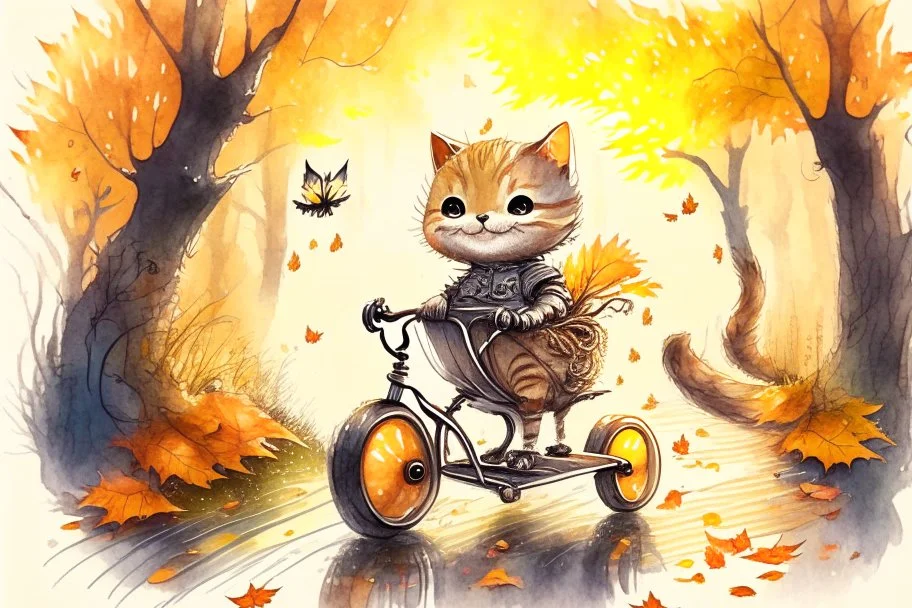 Cute little happy cat scarecrow riding a trike, forest path background, autumn, leaves swirling, waterfall, reflection, mist, sunrise, smooth intricate photorealistic hyperrealistic high definition beautiful lighting pencil sketch watercolor dramatic lighting storybook illustration polished Deep shadows deep color warm light