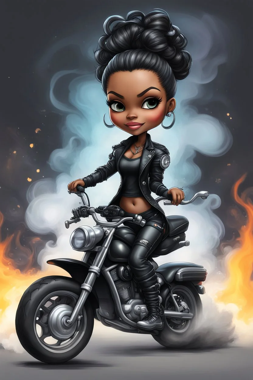 Create a digital airbrush illustration of a chibi cartoon full figure black female riding a sports motorcycle. She is wearing tie dye and black tights with biker boots. Prominent make up with log lashes and hazel eyes. Extremely highly detailed black shiny wavy hair up in a messy bun. Background of smoke surrounding her and the bike and she's at a bike show.