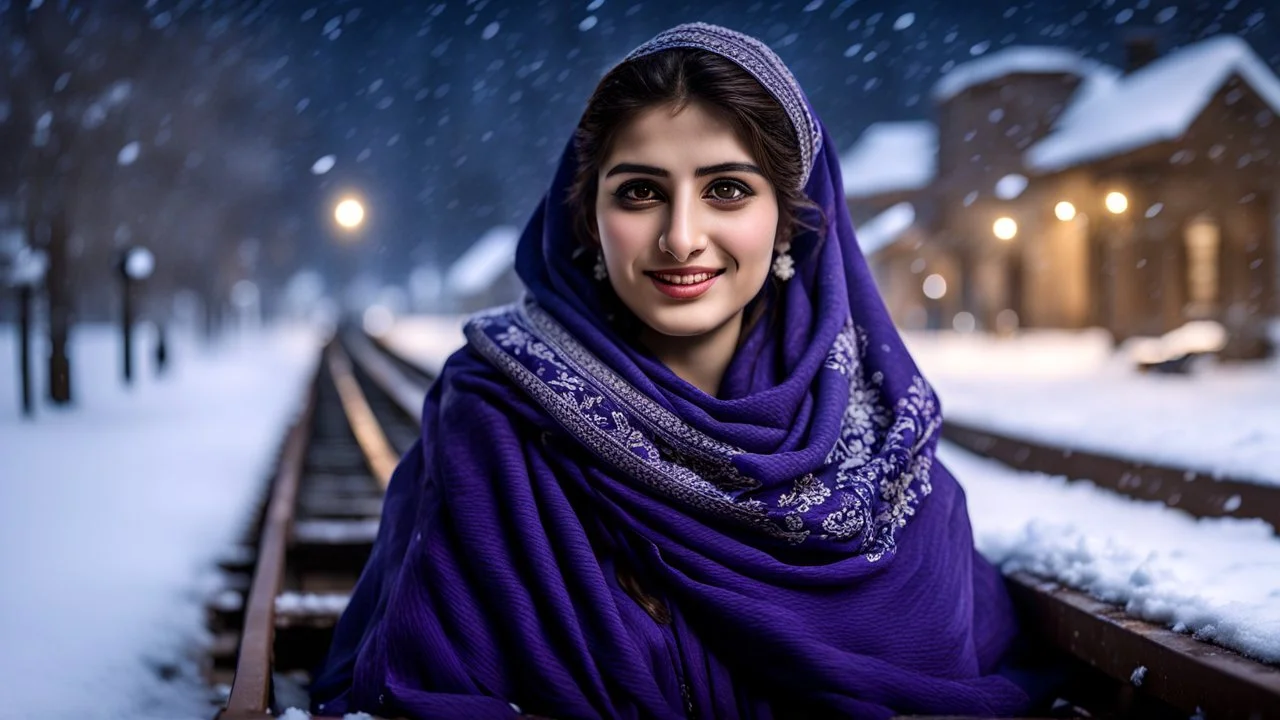 Hyper Realistic Photographic View Of A Beautiful Young Pashto Woman With Beautiful Eyes Lips & Nose (Wearing Beautiful Navy-Blue Frock With Purple Embroidery & Carrying White-Wool Shawl On Her Neck With Her Long Black Whirling In Air, Cold Breeze) Happily Sitting On The Bench & Smiling At The Village Railway Platform At Heavy Snowfall Night Showing Dramatic & Cinematic Ambiance.