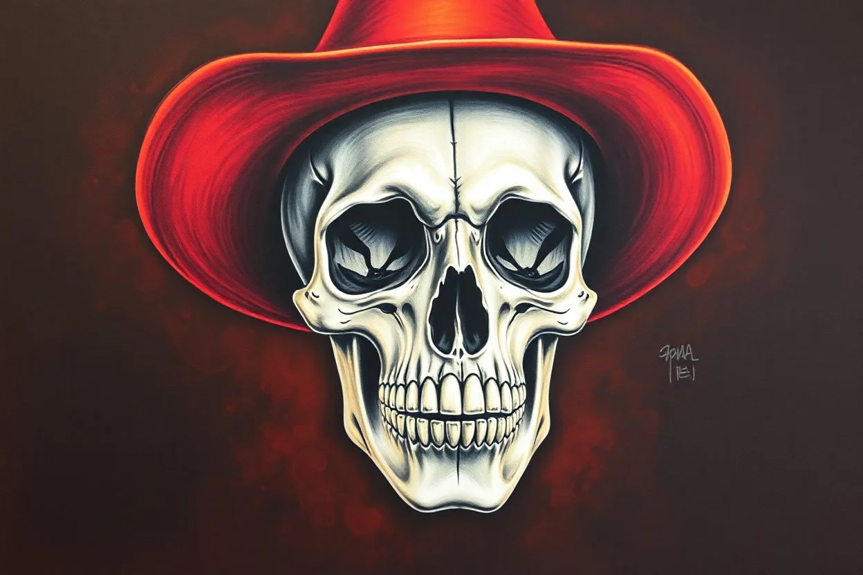 front facing skull (wearing a cowboy hat, confederate), airbrush