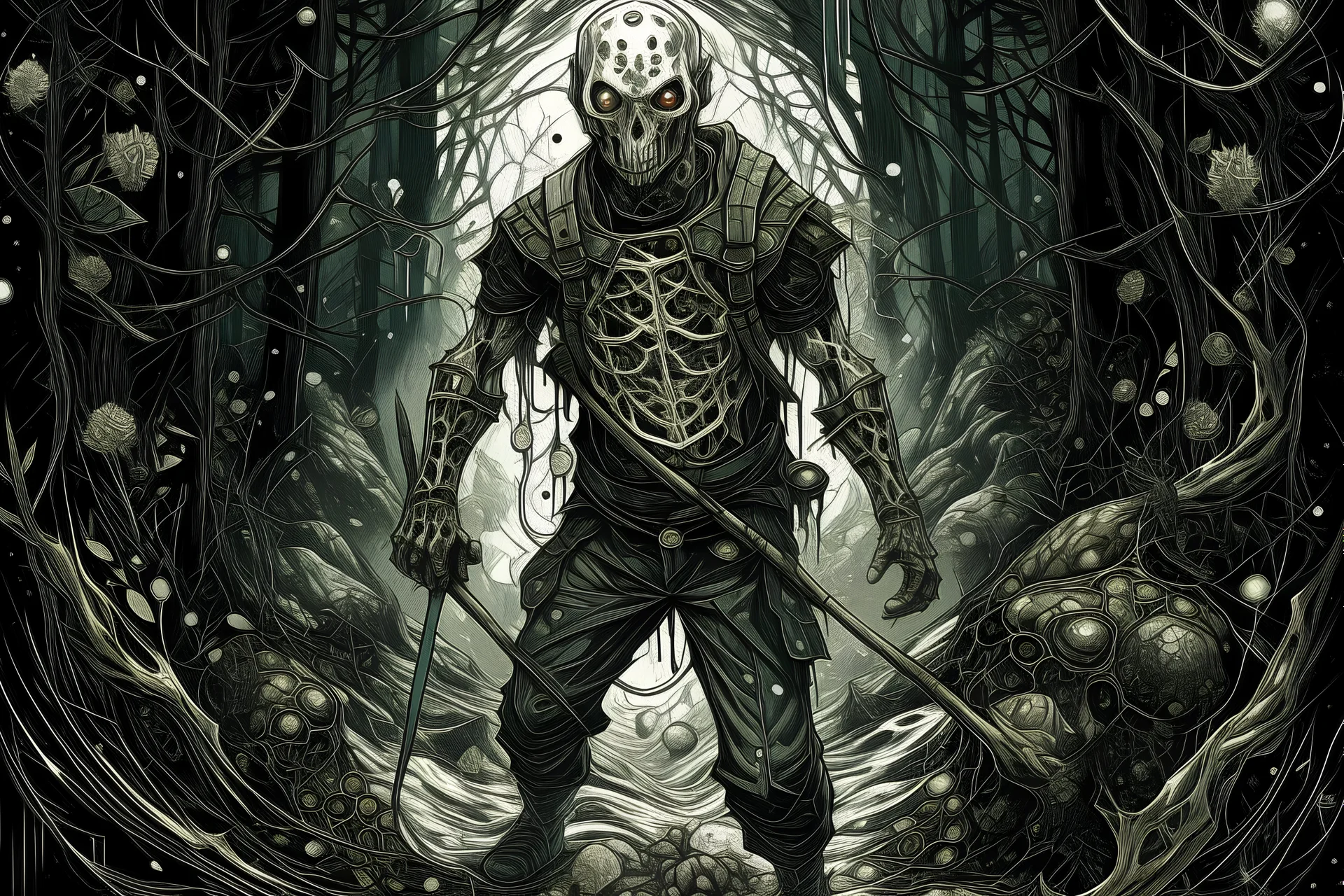 Follow Mike one friday the 13th, with dark light and dark atmosphere, scatch ink, in the style of james jean, hyperdetailed, sharp focus, intricate concept art, digital painting, ambient lighting, 666k, hq, hyper quality with tO intricate beautiful high definition crisp quality anatomically correct