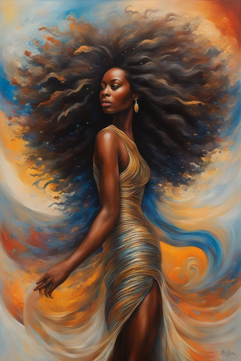 As she walks, her hair flows behind her like a celestial river, adding to the sense of movement and dynamism in the painting. Her presence is captivating, drawing the viewer into her orbit with her magnetic charm and grace. Overall, the painting captures the beauty and majesty of the cosmos, juxtaposed with the strength and resilience of the African female form. It's a celebration of diversity, beauty, and the infinite possibilities that lie within the universe.