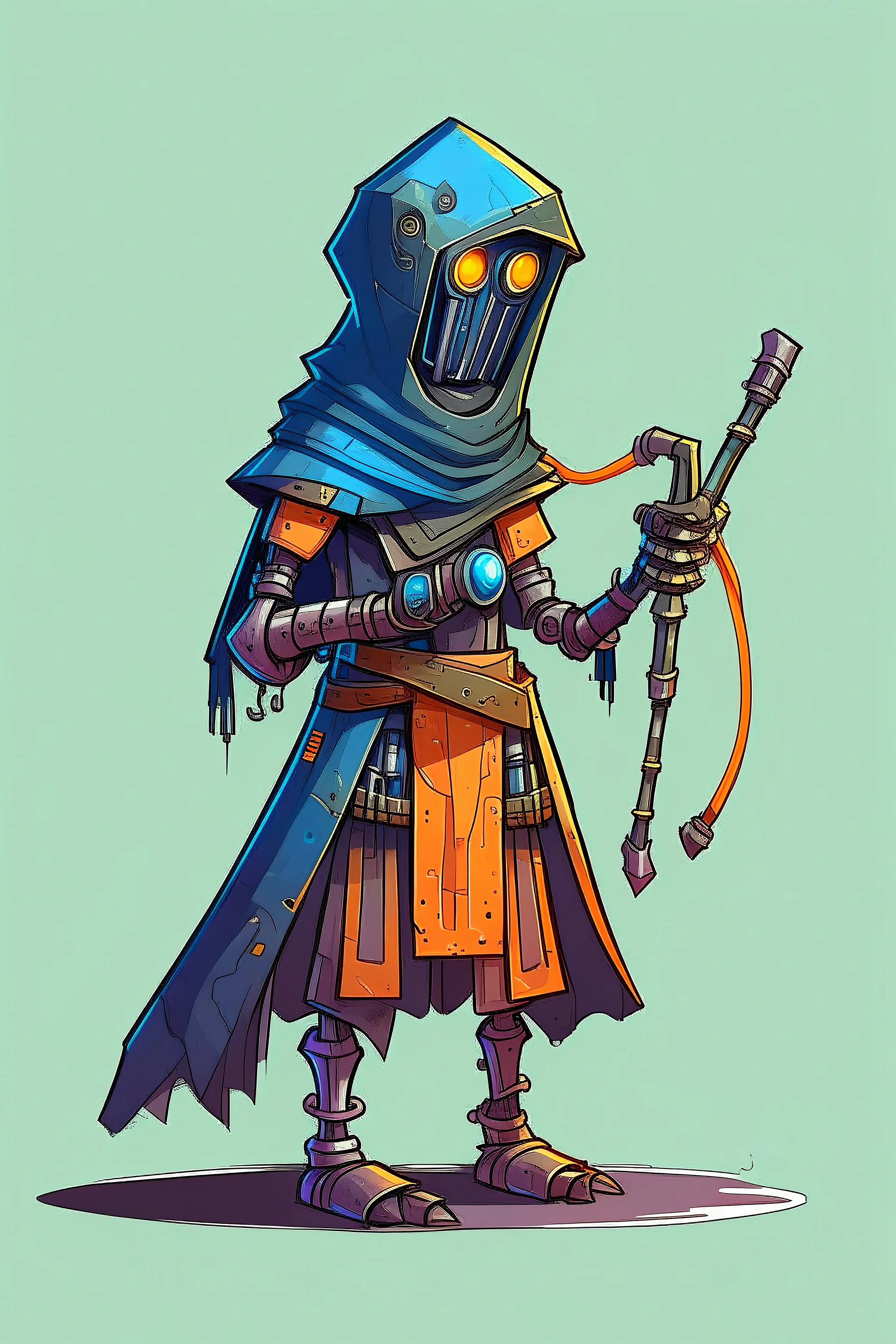 small wiry robot from a dnd style fantasy realm. His robotic metal face looks friendly. He is wearing simple medieval clothes and a dark cloak. He is holding a crossbow. dnd style illustration