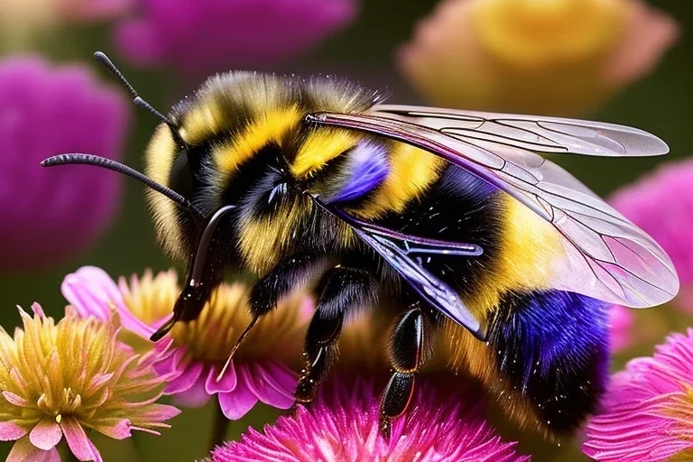 Beautiful symmetrical fluffy bumblebees dining at a feast of flowers, glitter, detailed fractal gems, fractal crystals, intricate, hyperdetailed, complex 3D filigree, ornate, metal, by "Greg Rutkowski" hyper realistic, photorealistic, incredible composition, amazing depth, imposing, 16k, detailed art illustration, vibrant, by "Josephine Wall", "Brian Froud"