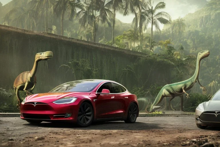 A Tesla's 'Model 3' is drifting at top speed, within the 'Jurassic Park' jungle. CINEMATIC. WIDE ANGLE LENS. PHOTO REAL.