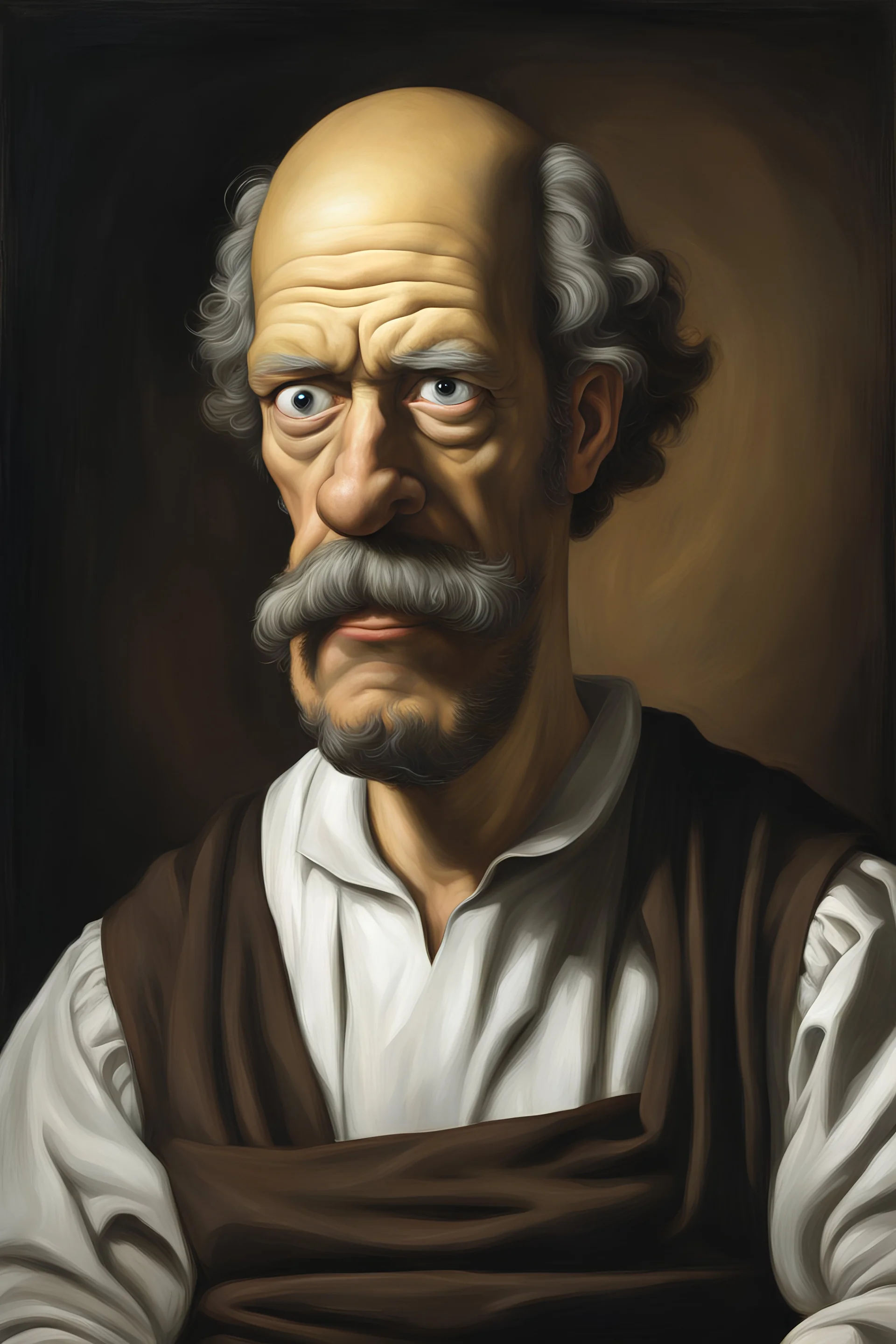 Create an image of An oil painting portrait of "Homer Simpson" as real person, art and style by caravaggio, in Baroque painting style, Renaissance-style painting, in the style of psychological depth in character, ultra fine photography,1/3 profil, photorealistic ,Clair-obscure, national geographic photography quality, life-like realism