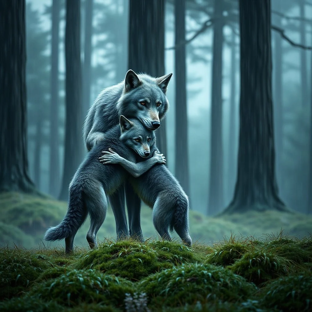 digital art from anthropomorphic wolves family, one gray bodyhair anthro wolf female hugs her two anhtro wolf child on field, in background tall trees wirh big trunks, rain, down on blue-green moss, hug each other , rainy day, high contrast, high detalied, atmospheric, dark fantasy, sci-fi mood