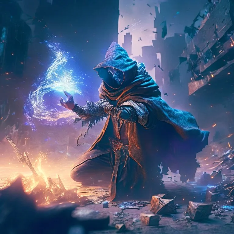 post apocalyptic space sorcerer casting spells against scavanger bandits, destroyed city, epic cinematic fight scene, 8k resolution, photorealistic, ultra detailed, macro photography