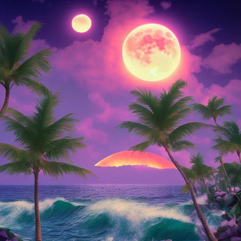 1980's vaporwave aesthetic palm trees with lightning with lunar eclipse moon crescent in the ocean waves sunset