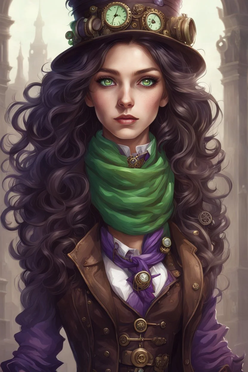 A girl with long, wavy dark brown hair, purple eyes, dressed in steampunk clothes, green scarf ,