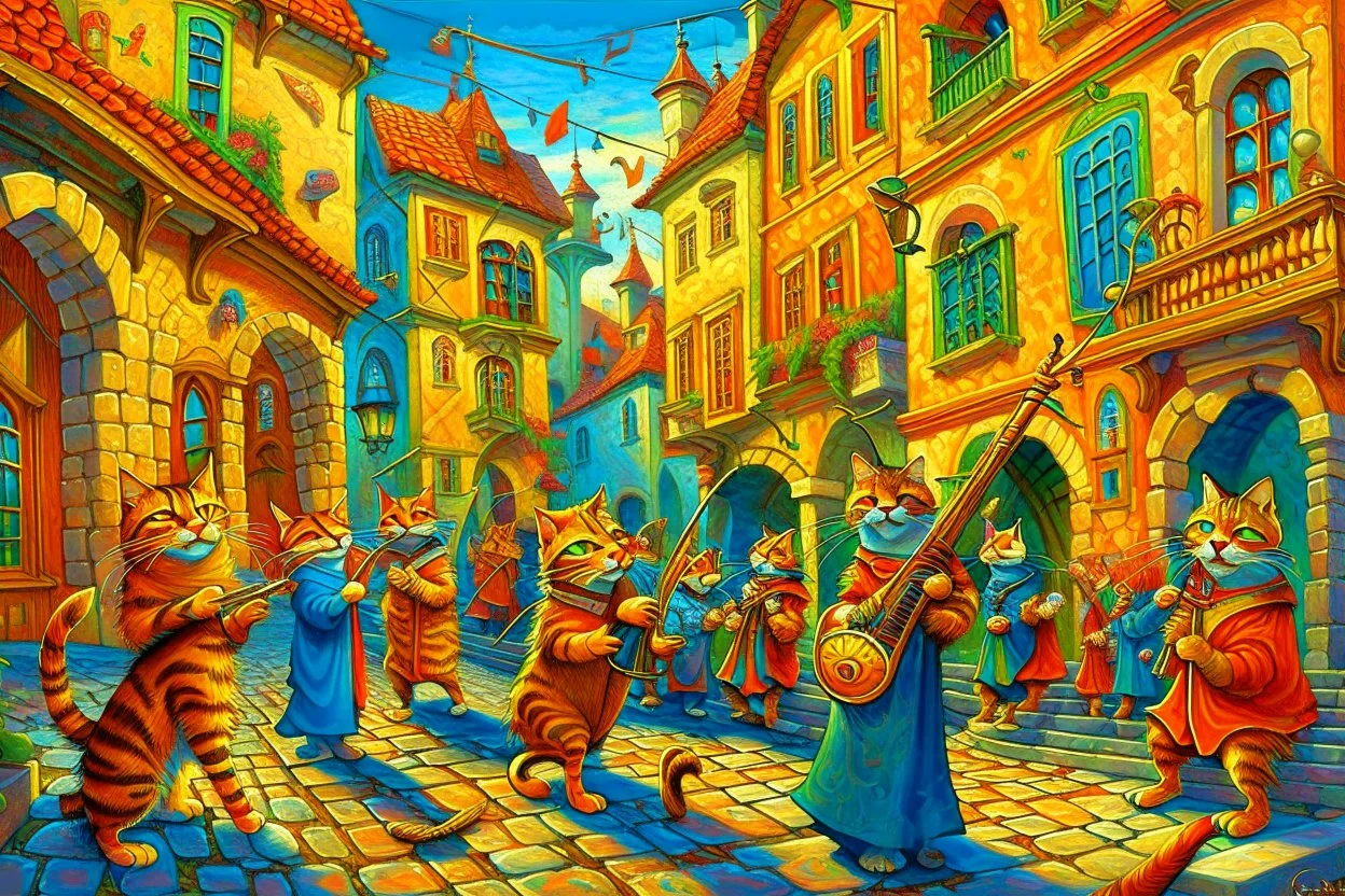 create "The Cat Pied Piper of Hamelin, whimsical and colorful Renaissance attire, playing a golden flute, leading playful and mischievous cats through vibrant, cobbled Renaissance streets, people on balconies laughing and pointing, surreal lighting, dreamlike vibe, highly detailed, vivid colors, painterly style, 8K, magical realism meets historical fiction --v 7 --ar 4:3 --style raw --q 2"