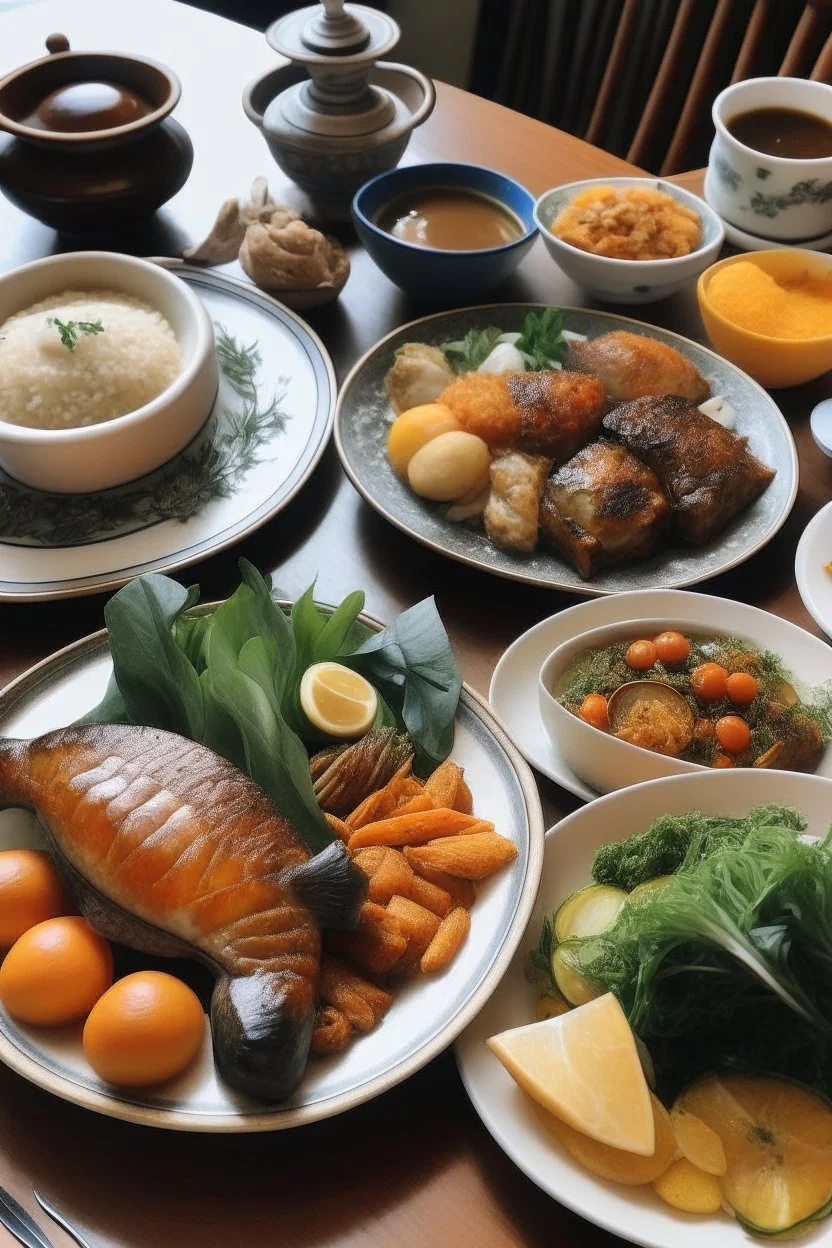 A lunch meal containing a variety of fish and vegetables, fried and cooked in several dishes