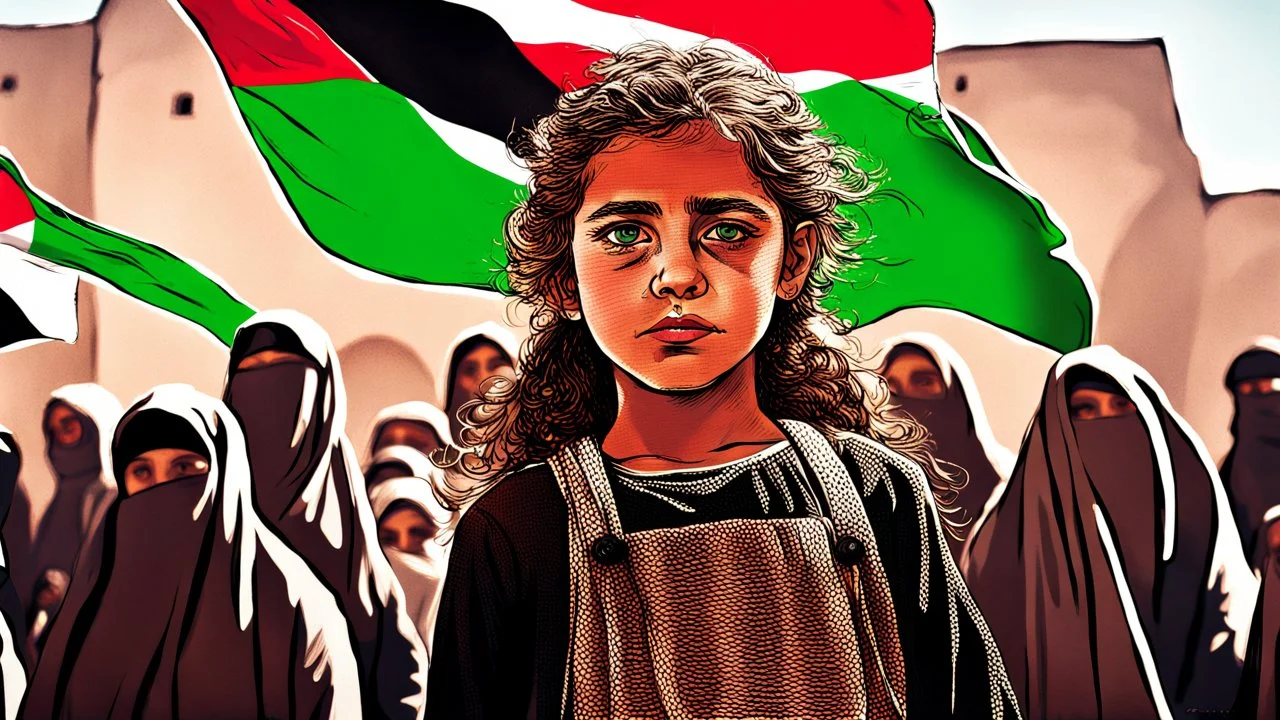 A girl wearing a Palestinian dress with tears in her eyes Her eye color is green Its color is brown Carrying the Palestinian flag